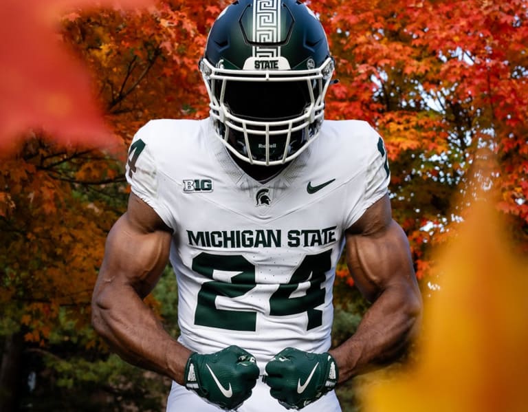 MSU Uniforms Green helmet white jerseys white pants Spartans Illustrated Michigan State Spartans Football Basketball Recruiting