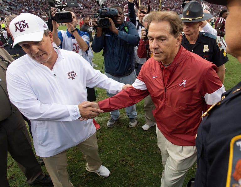 See Alabama football Nick Saban and Jimbo Fisher exchange handshake