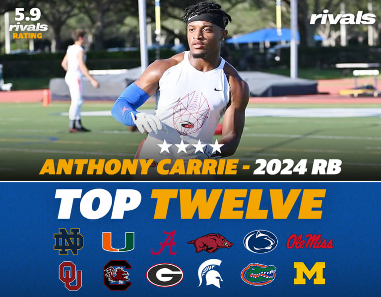 Florida 2024 fourstar RB Anthony Carrie releases top 12