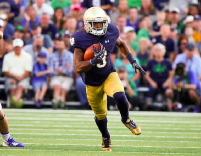 Notre Dame special teams C.J. Sanders (3) returns a kick during an NCAA  football game. Sunday