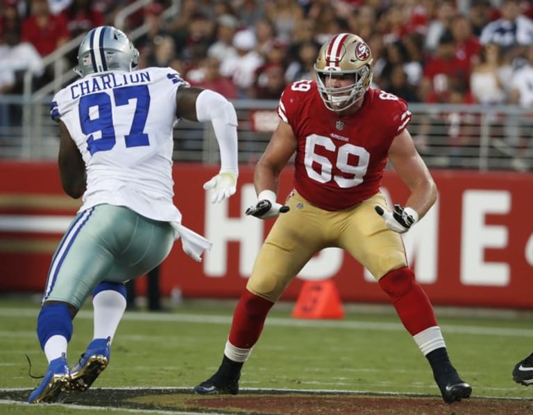 Tackle (69) Mike McGlinchey of the San Francisco 49ers blocks against the  Los Angeles Rams in