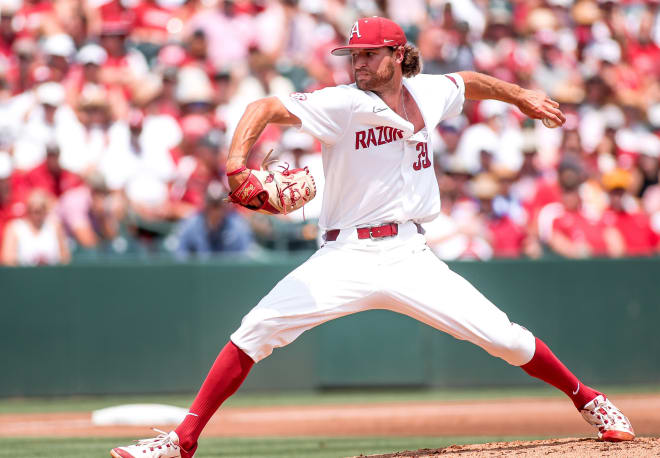 Arkansas LHP Hunter Hollan throws during the June 2 win over Santa Clara in the Fayetteville Regional.