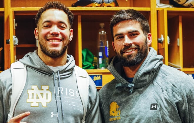 Virginia Tech transfer Kaleb Smith and Wake Forest transfer Sam Hartman reunite in the Notre Dame locker room in January just ahead of the start of spring semester.