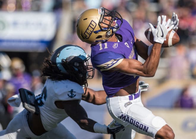 Brandon Ravenel (shown last fall) finished his James Madison career with 160 receptions, the second-most in school history.