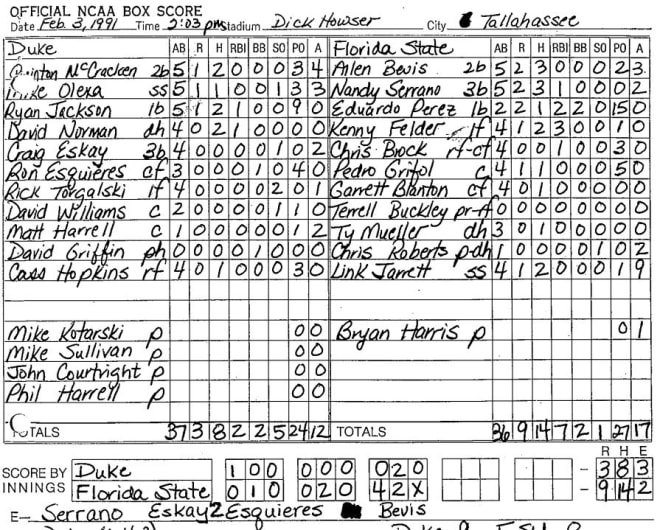 The box score from Link Jarrett's first game in FSU's 1991 starting lineup.