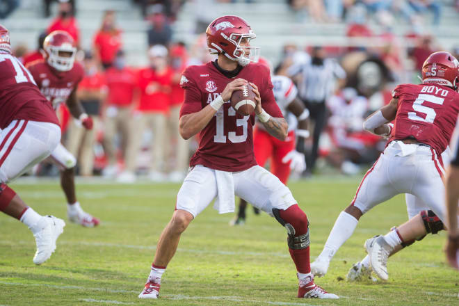 Feleipe Franks threw a pair of interceptions in his first game with the Razorbacks.