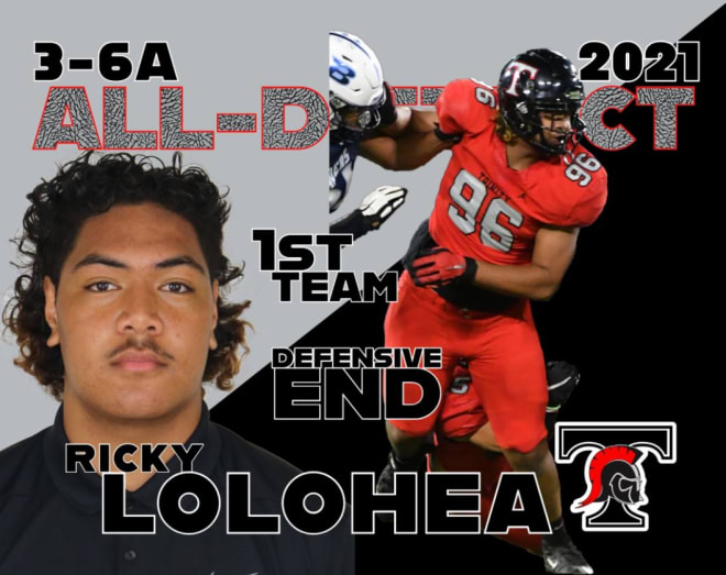 Ricky Lolohea was named 1st team All-District defensive end following his junior season (graphic via Trinity Trojans Football/@IAR2_Football)