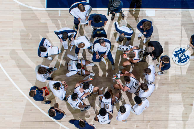 ND coach Mike Brey takes to his team during a timeout Saturday in an Irish home loss to Boston College.