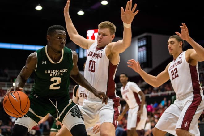 Stanford's Michael Humphrey defends Colorado State's Emmanuel Omogbo during the Cardinal's 56-49 win.