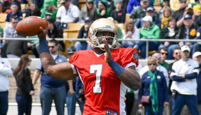 Brandon Wimbush attempts a pass during the Blue-Gold Game.