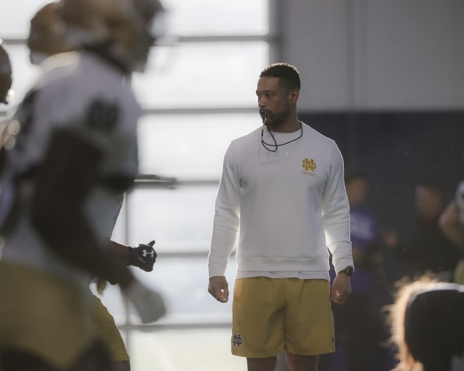Notre Dame coach Marcus Freeman conducts spring practice on Tuesday, April 12, 2022 at the Irish Athletics Center.