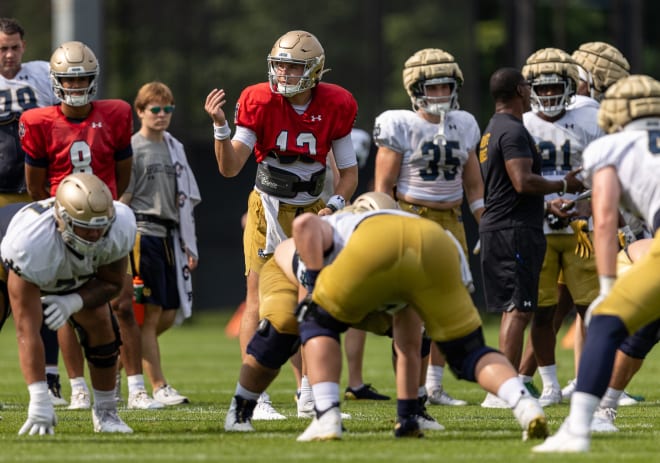 Transfer QB Riley Leonard (13) has impressed his teammates with his leadership and his competitive edge.