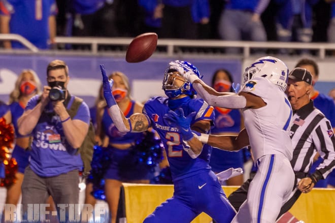 Boise State wide receiver, Khalil Shakir just misses on a long throw into the endzone during second half action between Boise State and Air force.