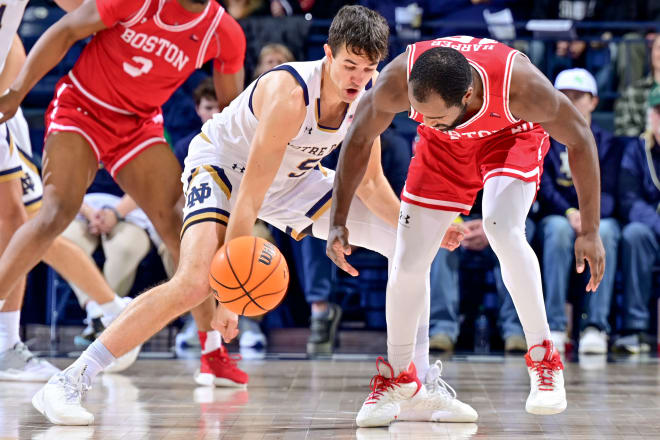 Notre Dame's Cormac Ryan (center) scored 21 points to lead the Irish on Wednesday night.