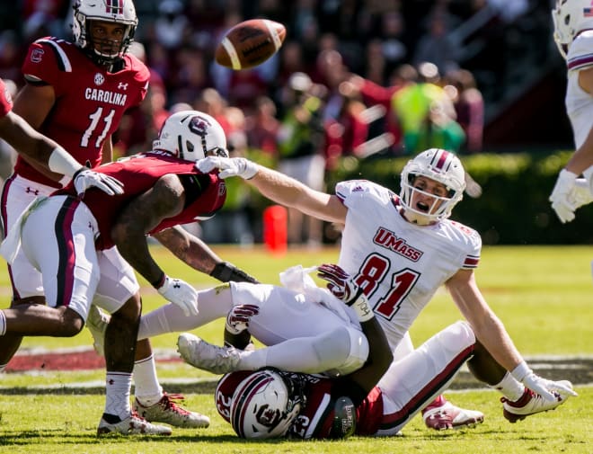 UMass fumbles in the first quarter of Saturday's game.