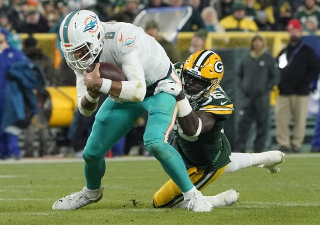 Green Bay safety Raven Greene sacks Miami quarterback Brock Osweiler in the Packers win over the Dolphis this past November in Green Bay, Wis.