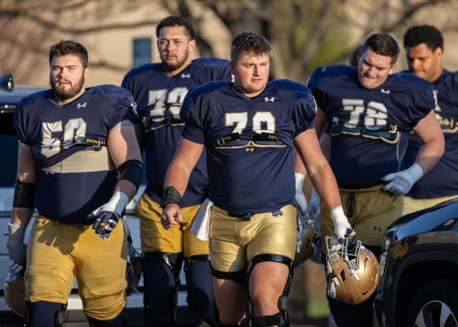 Notre Dame center Ashton Craig (70) is one of ND's offensive linemen who has been running with the No. 1 offensive all spring.