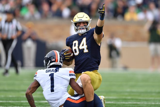 Notre Dame tight end Cole Kmet after a catch for a first down against Virginia last fall