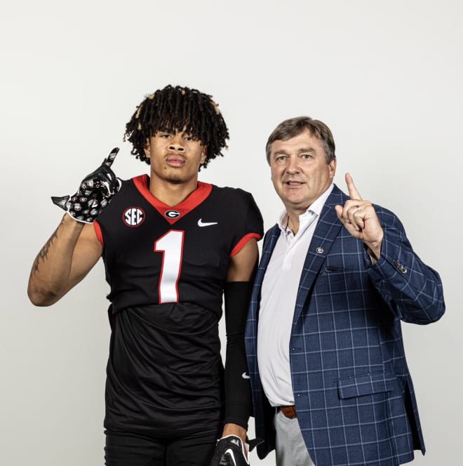 Rivals100 receiver Phillip Bell and Kirby Smart. Photo via Bell's Twitter. 