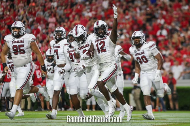 Safety Jaylan Foster (12) celebrates his interception during the South Carolina-Georgia game on Sept. 18, 2021.