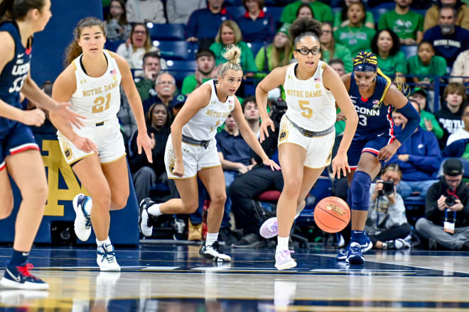 Olivia Miles (5) pushes the ball up court during seventh-ranked Notre Dame's 74-60 upset of UConn on Sunday. 