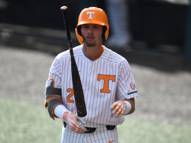 Tennessee's Blake Burke (25) flips his bat as he steps up to the plate during the NCAA college baseball game against UNC Asheville in Knoxville, Tenn. on Tuesday, March 28, 2023.