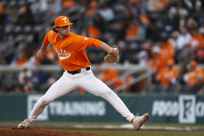 AJ Russell on the mound in Tennessee baseball's game against Ole Miss on March 23, 2024.