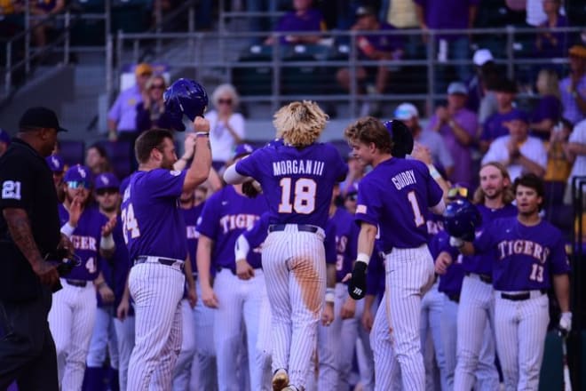 LSU's Tre Morgan is congratulated by teammates after his three-run homer in the sixth inning of the No. 1 Tigers' 18-4 run-rule win over Southern in Alex Box Stadium on Tuesday afternoon.
