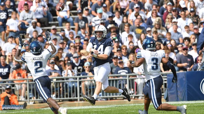Penn State quarterback Sean Clifford throws a pass during the Nittany Lions' 38=17 win over Villanova. BWI photo/Steve Manuel