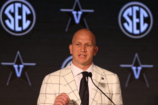 Vanderbilt coach Clark Lea speaks at SEC Media Days Wednesday n Hoover, Ala.