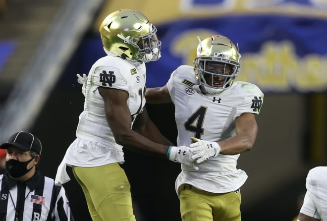 Notre Dame cornerback Nick McCloud (No. 4) was named to the Pro Football Focus Team of the Week for his performance in a 45-3 win over Pittsburgh