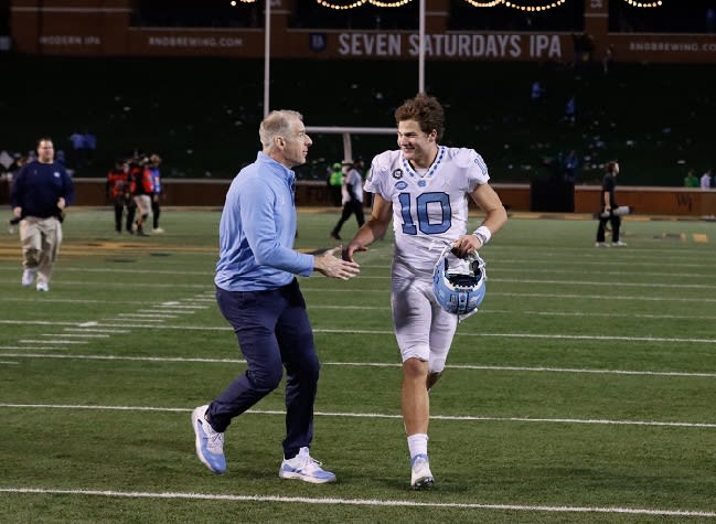 UNC QB Drake Maye laughs at the notion he could have been lured away to another school last offseason.