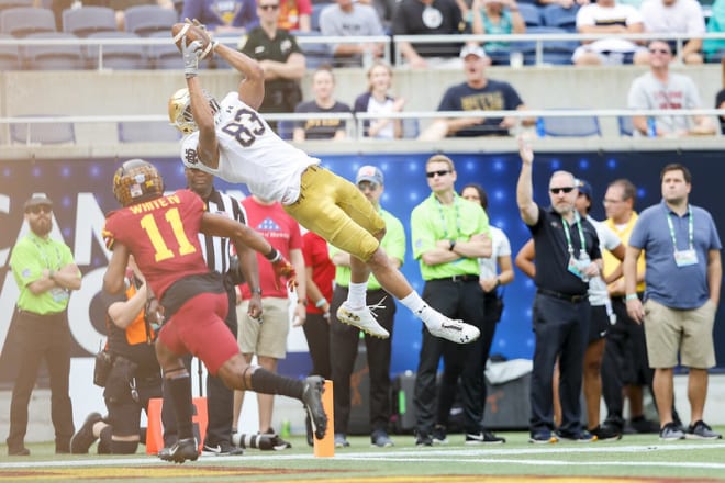 Former Notre Dame wide receiver and Pittsburgh Steelers draft choice Chase Claypool making a leaping touchdown catch versus Iowa State in the Camping World Bowl