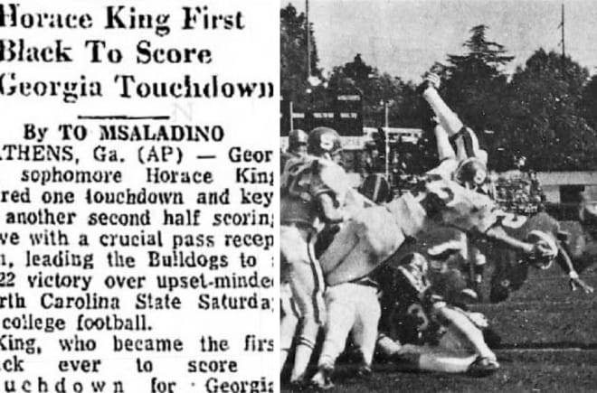 With the pictured one-yard dive into the end zone against N.C. State in 1972, Horace King became the first African American to score a touchdown in the history of UGA's varsity program.