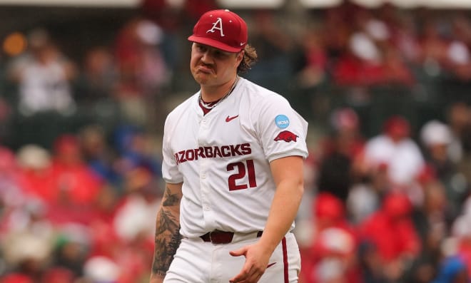 Arkansas left-handed pitcher Mason Molina walks off the mound during the May 31 win over SEMO in the Fayetteville Regional.