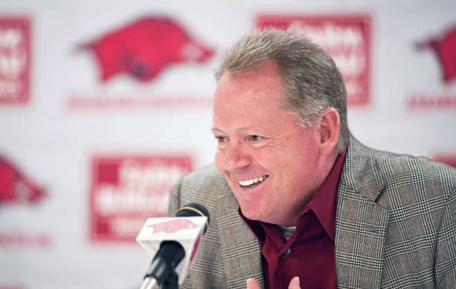 Bobby Petrino during a press conference on Jan. 21, 2012, as head coach of Arkansas. Petrino is returning to the Razorbacks as offensive coordinator.