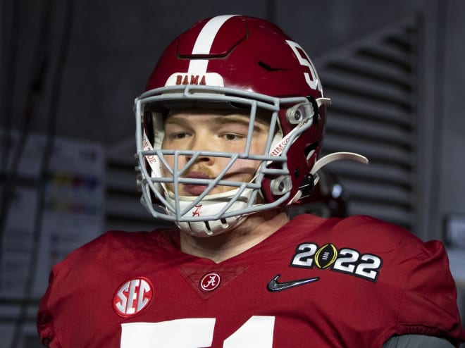  Alabama Crimson Tide offensive lineman Tanner Bowles (51) against the Georgia Bulldogs in the 2022 CFP college football national championship game at Lucas Oil Stadium. Photo | Mark J. Rebilas-USA TODAY Sports