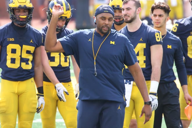 Michigan Wolverines football tight ends coach Sherrone Moore is looking for another pledge in 2022 after landing Marlin Klein.