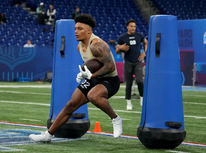 Wisconsin running back Braelon Allen at the 2024 NFL Combine. 