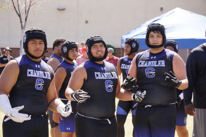 From left to right, Chandler offensive linemen Micah Lutu, Tevainui Neher, and Alexis Castro competed in the Makoa Big Man Challenge in Chandler earlier in June.  Lutu and Neher are guards and Castro is a tackle. (Photo by Ralph Amsden)