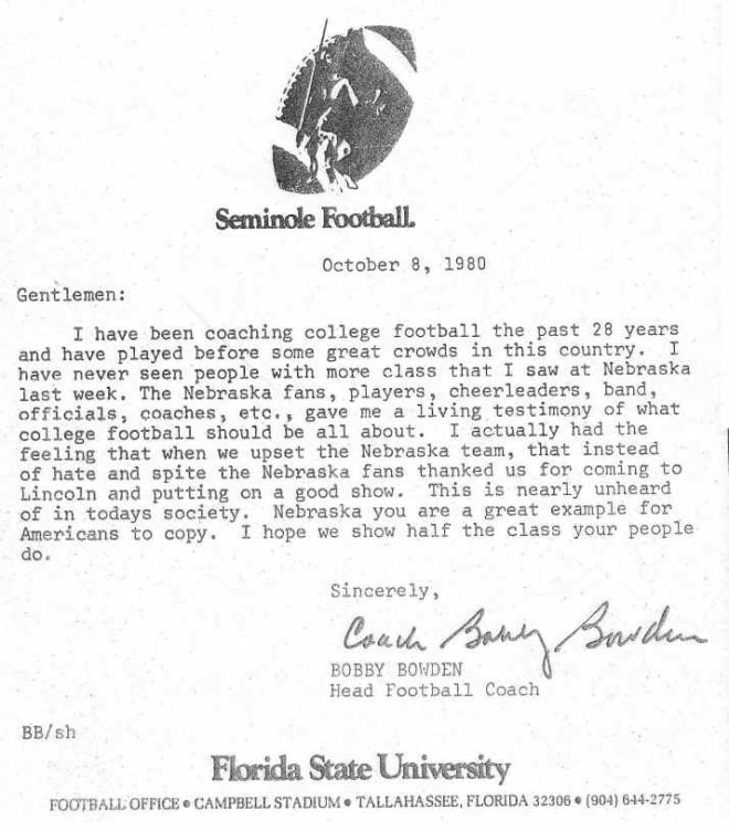 Bobby Bowden wrote a letter to Nebraska fans after a win in Lincoln in 1980.