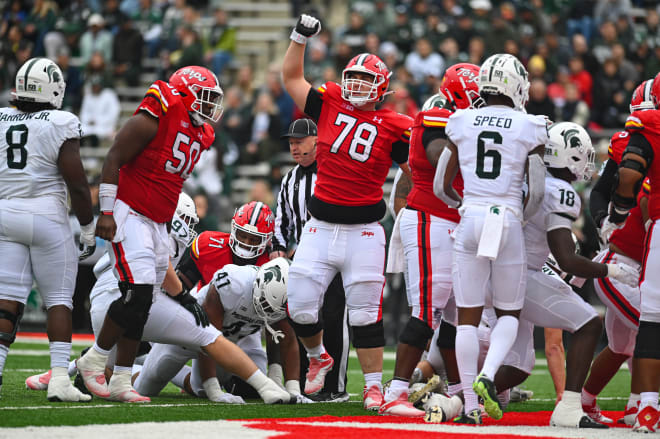 Maryland Terrapins offensive lineman Mason Lunsford (78) celebrates after running back Colby McDonald (not pictured) rushes for a first quarter touchdown against the Michigan State Spartans at Capital One Field at Maryland Stadium. Photo | Tommy Gilligan-USA TODAY Sports