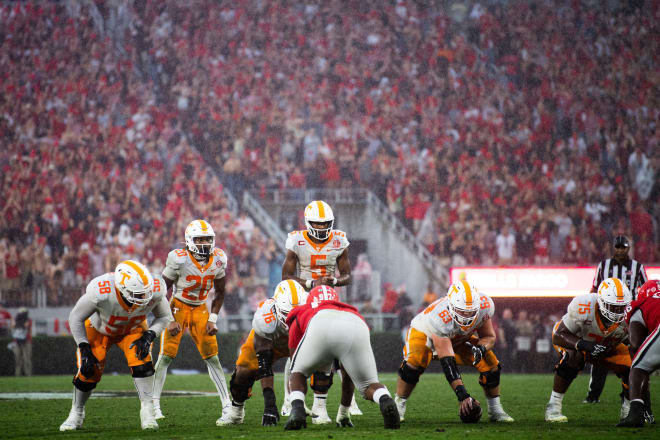 Tennessee quarterback Hendon Hooker prepares to take a snap in the second half against Georgia. 