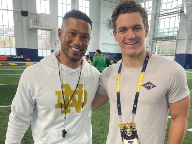 2026 defensive end prospect Dominic Funke visited Notre Dame for the Blue-Gold Game. He said he really liked head coach Marcus Freeman's message and defensive line coach Al Washington's ability to connect with his players.