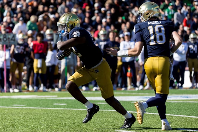 Notre Dame freshman running back Jeremiyah Love saw 21 offensive snaps Friday against Oregon State. Love played at least six snaps in all of Notre Dame's 13 games in 2023.