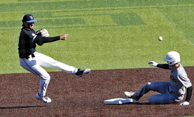 Kentucky shortstop Ryan Ritter threw to first in an attempt to turn a double play on Sunday in the Wildcats' 16-5 win over Western Michigan.