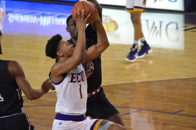 ECU's Jayden Gardner drives in the paint for two of his game high 27 points Wednesday night in Minges Coliseum.