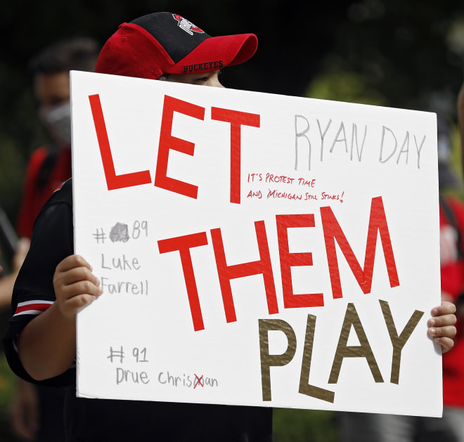A young Ohio State fan peacefully protests the Big Ten's decision to not play this fall. Credit to Ohio State. By God, the masses there never even pretended to waver regarding football.