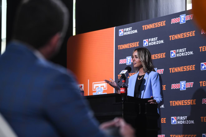 Kim Caldwell takes questions from the media at a press conference where she was introduced as the newest coach for the Lady Vols at the University of Tennessee in Knoxville, Tuesday, April 9, 2024.