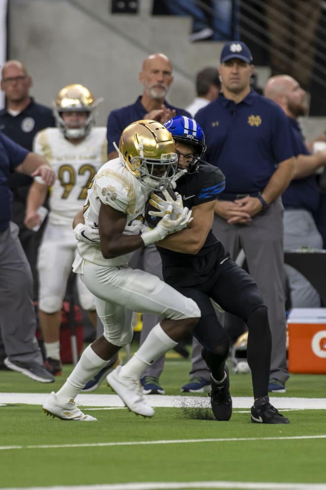 Irish cornerback TaRiq Bracy picks off a pass on the very first play from scirmmage in ND's 28-20 victory over BYU, Saturday night in Las Vegas.